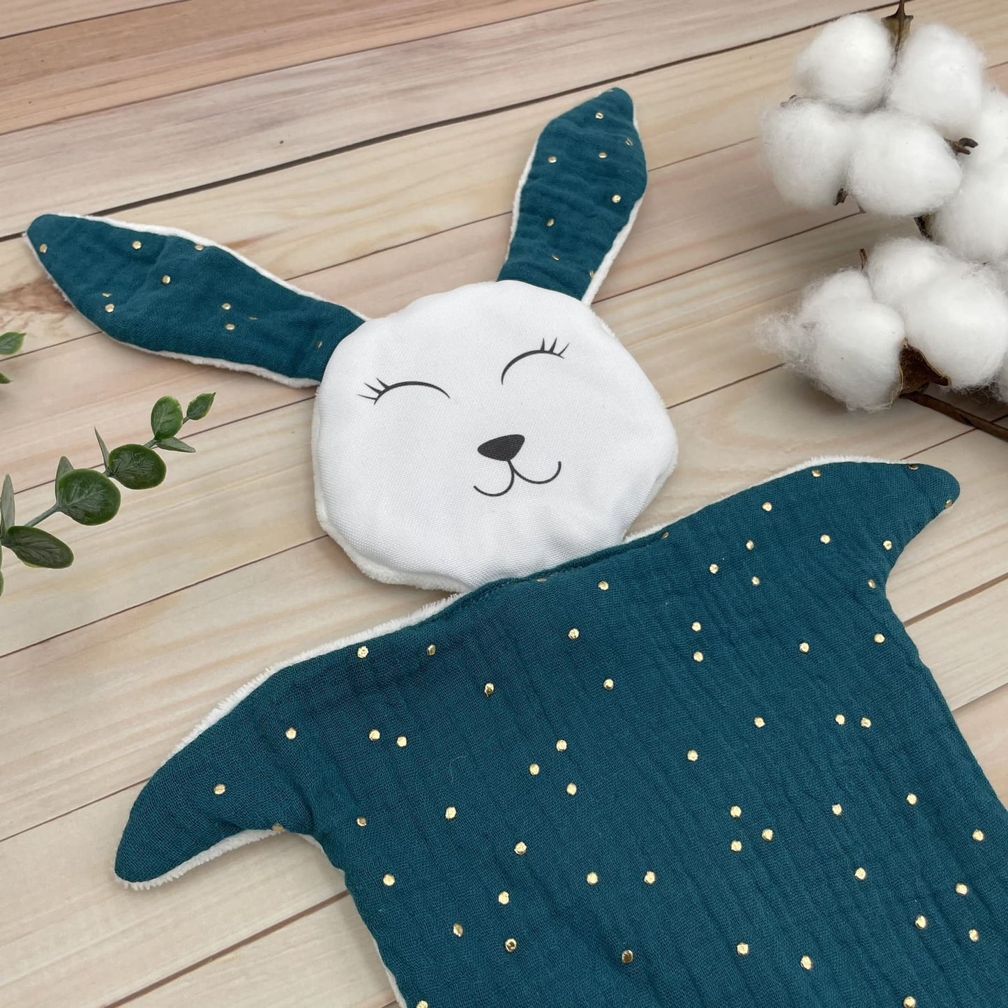 Doudou Lapin double gaze bleu pétrole points dorés