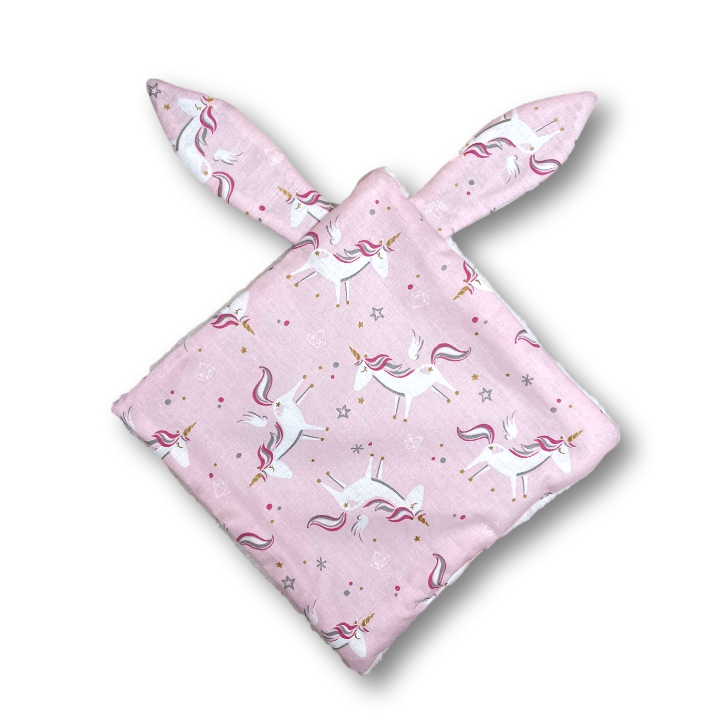 Doudou Plat avec oreilles tissu Licornes Rose