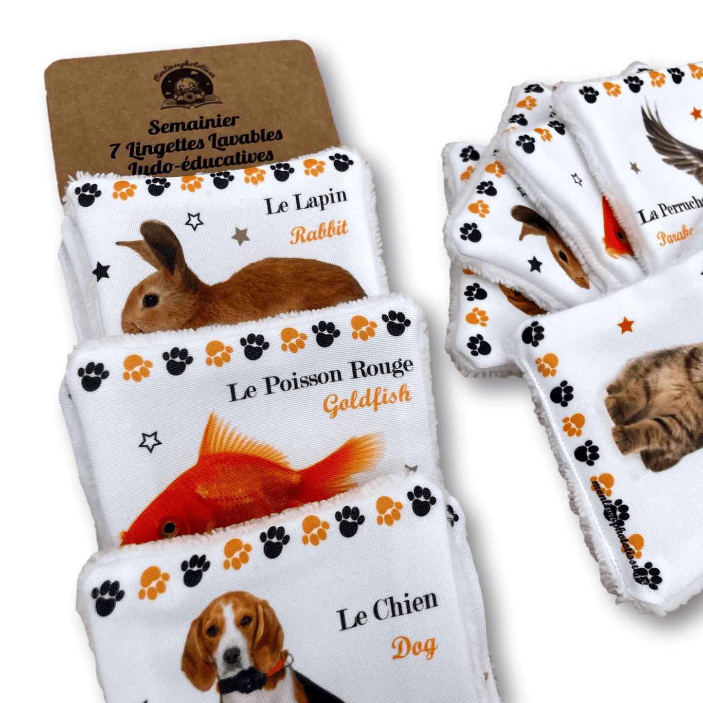 Semainier 7 Lingettes Lavables Ludo-éducatives Animaux Domestiques, soin et apprentissage bébé enfant