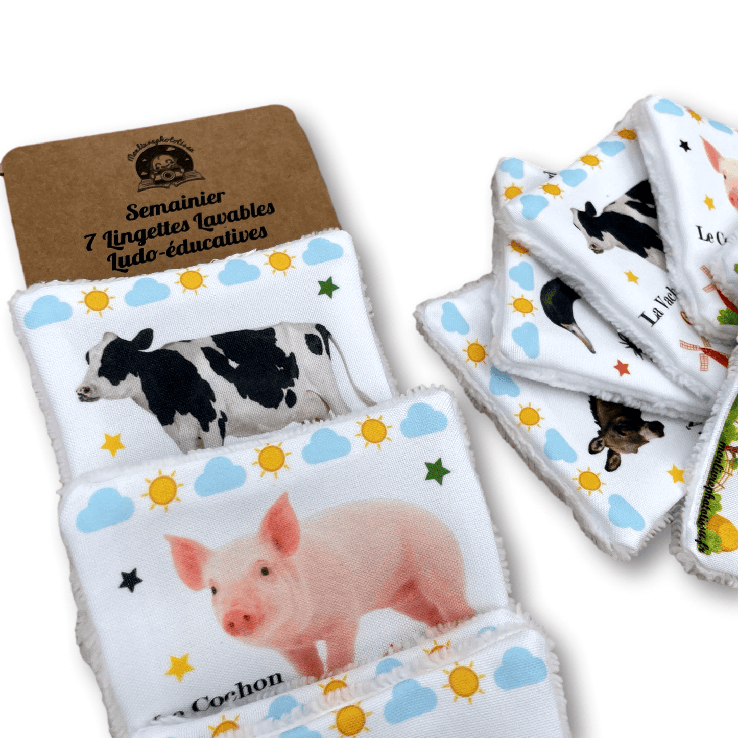 Semainier 7 Lingettes Lavables Ludo-éducatives Animaux de la Ferme, soin et apprentissage bébé enfant