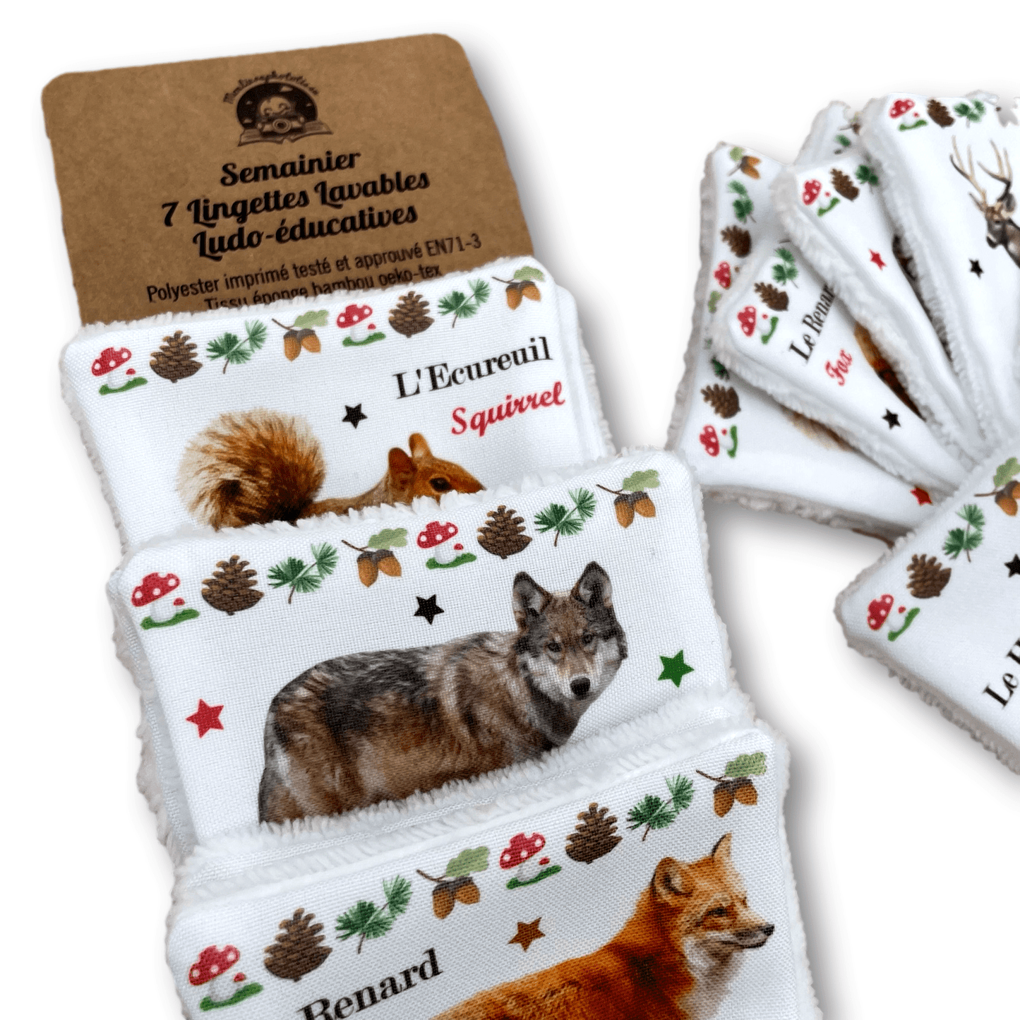 Semainier 7 Lingettes Lavables Ludo-éducatives Animaux Forêt, soin et apprentissage bébé enfant