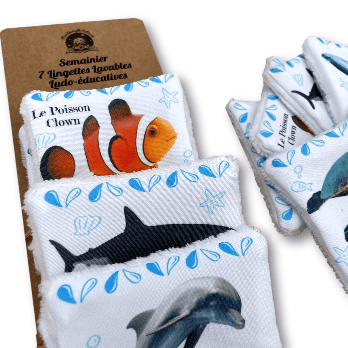 Semainier 7 Lingettes Lavables Ludo-éducatives Animaux Marins, soin et apprentissage bébé enfant