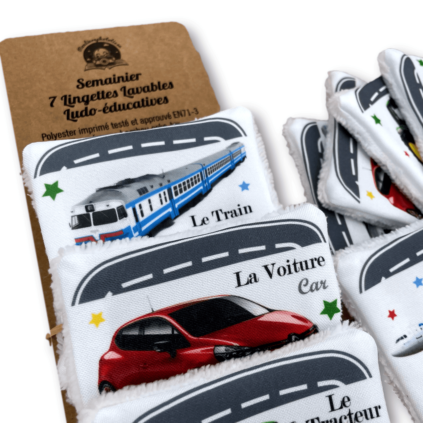Semainier 7 Lingettes Lavables Ludo-éducatives Véhicules, soin et apprentissage bébé enfant