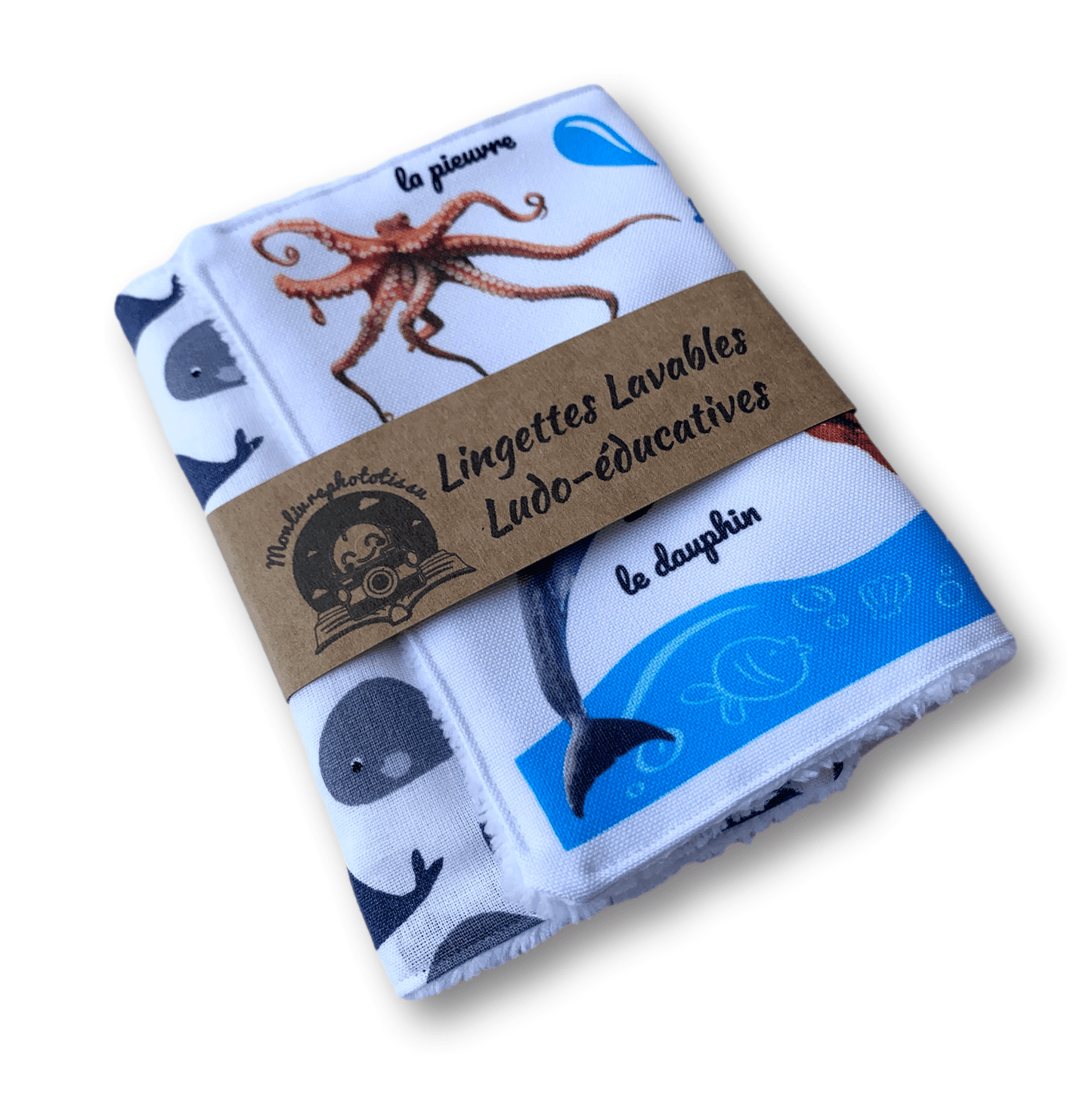 Lot de 2 Maxi Lingettes lavables ludo-éducatives Animaux Marins