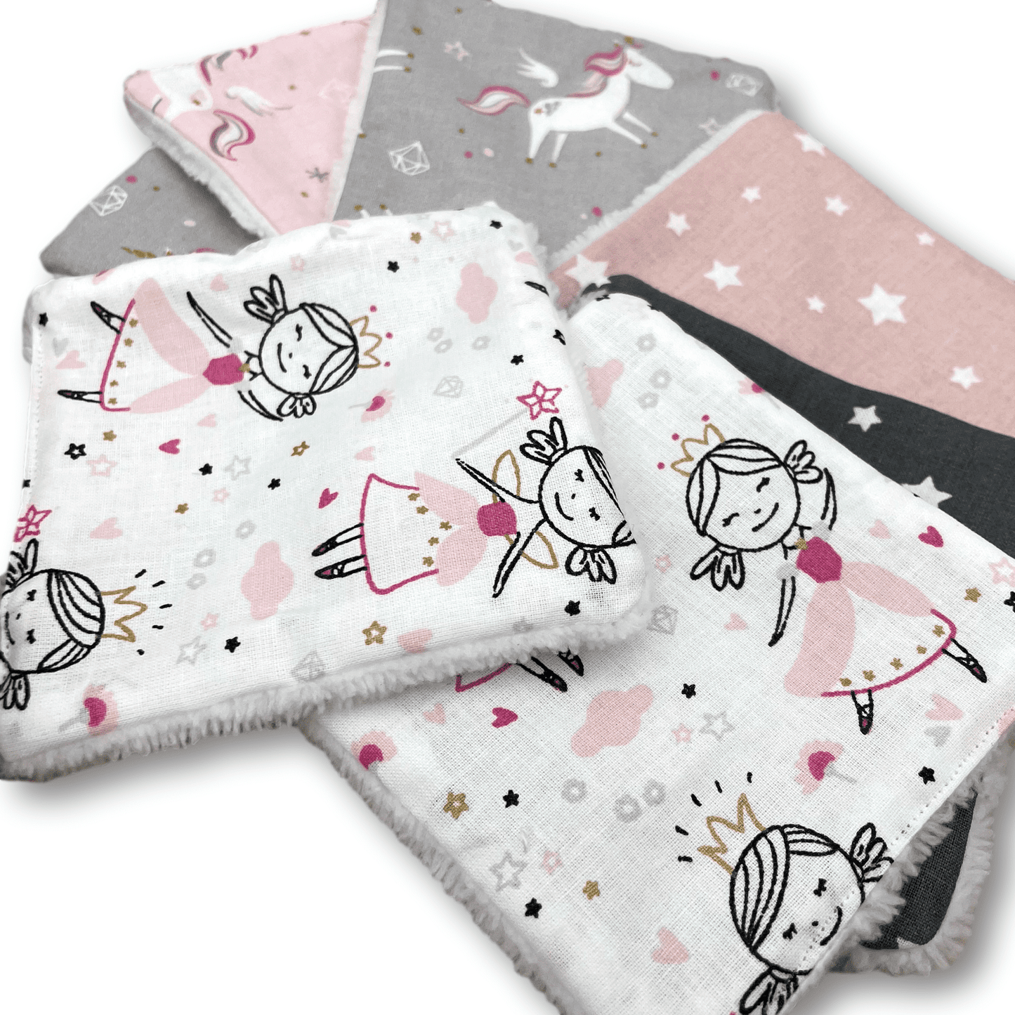 7 Lingettes Lavables Princesse, Licornes en coton et éponge bambou oeko-tex, débarbouillettes bébé enfant