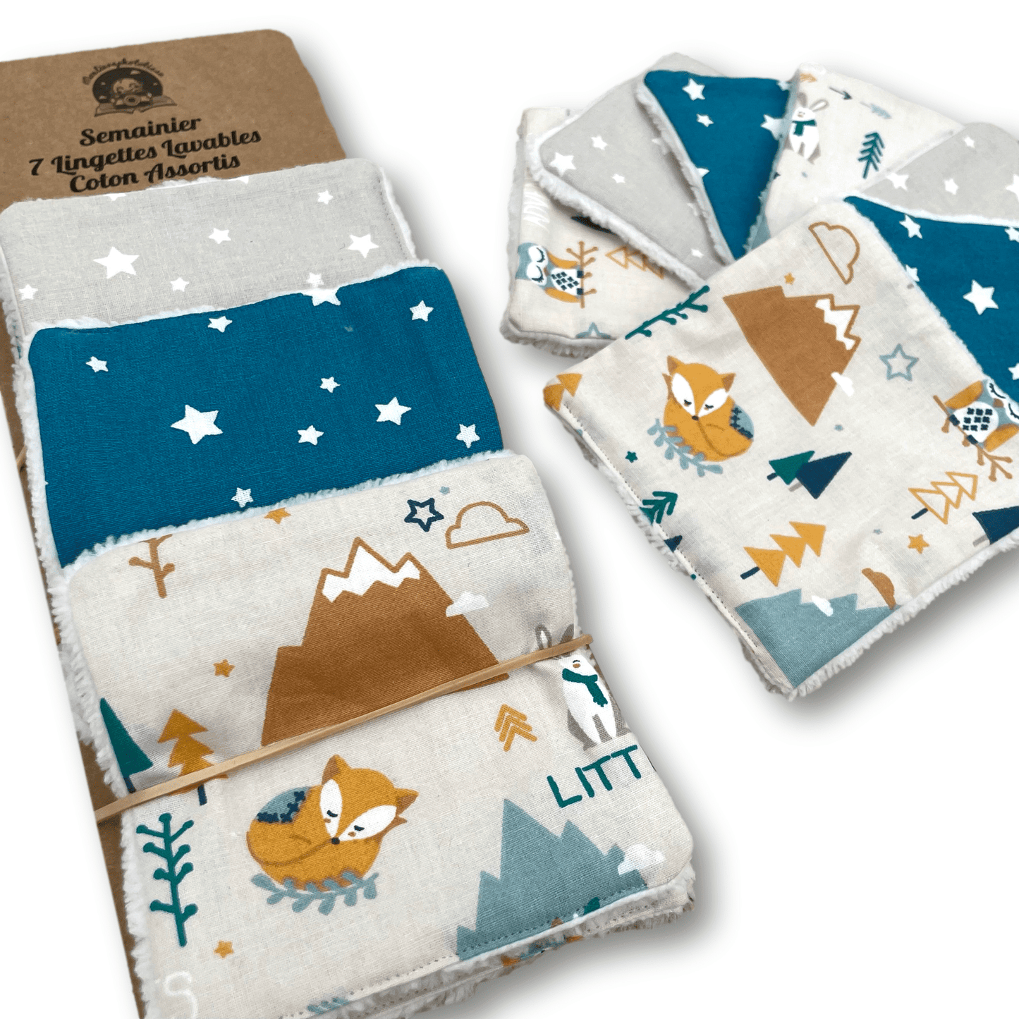 7 Lingettes Lavables Renard Aventures en coton et éponge bambou oeko-tex, débarbouillettes bébé enfant