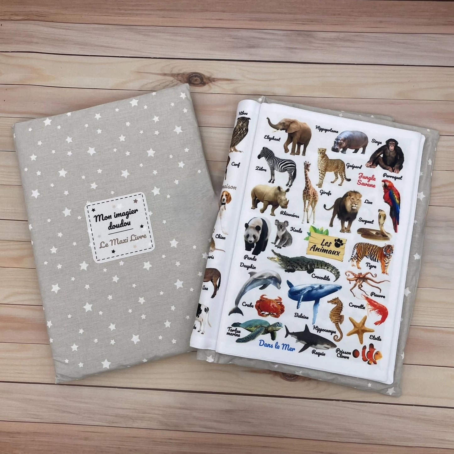 Livre éveil imagier tissu bébé - thèmes animaux, repas, transports, couleurs