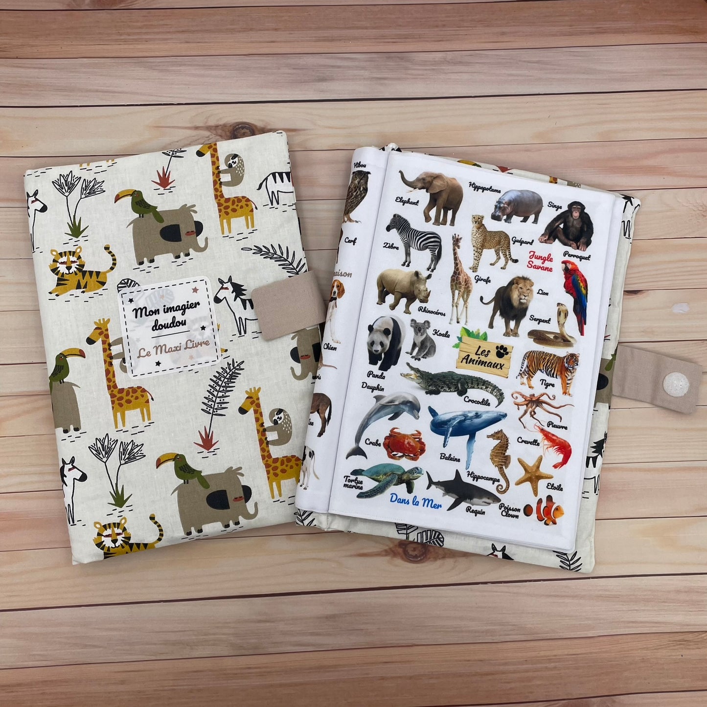 Grand Livre imagier tissu A4 - thèmes animaux, repas, transports, couleurs - Edition prestige