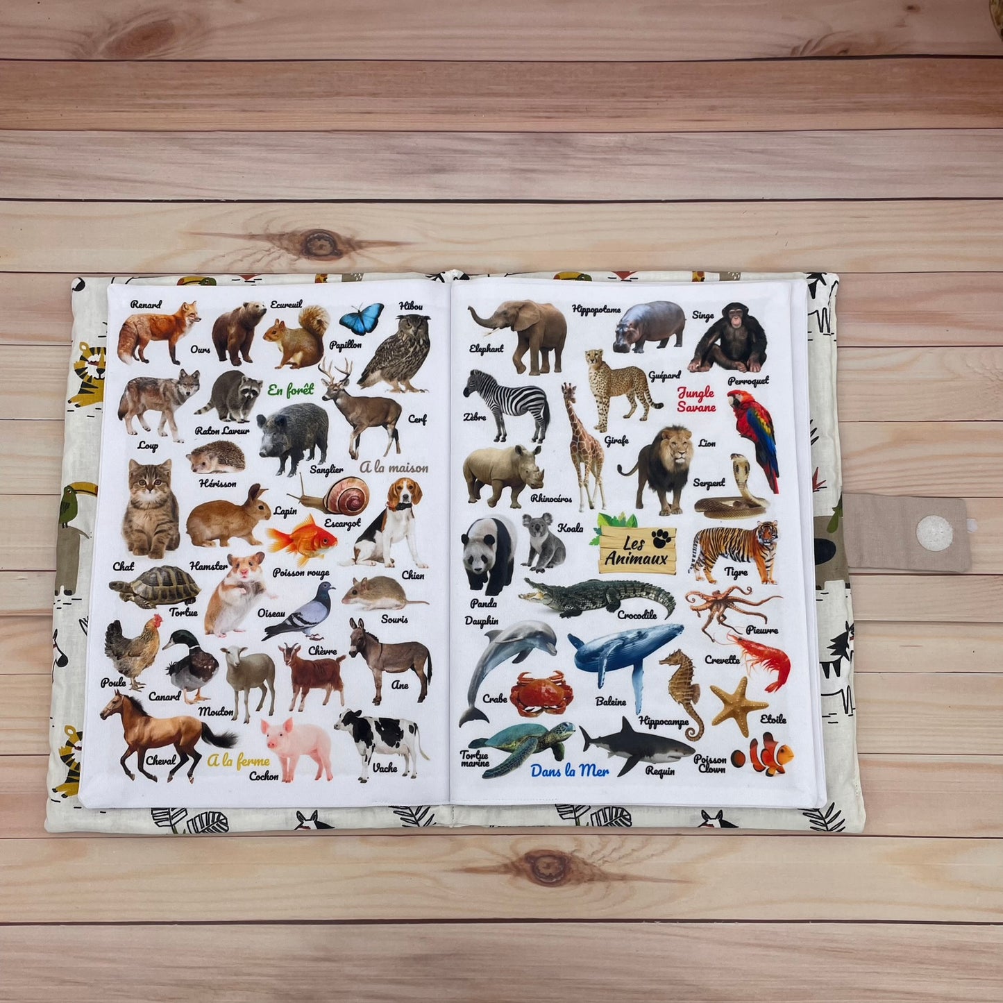 Grand Livre imagier tissu A4 - thèmes animaux, repas, transports, couleurs - Edition prestige