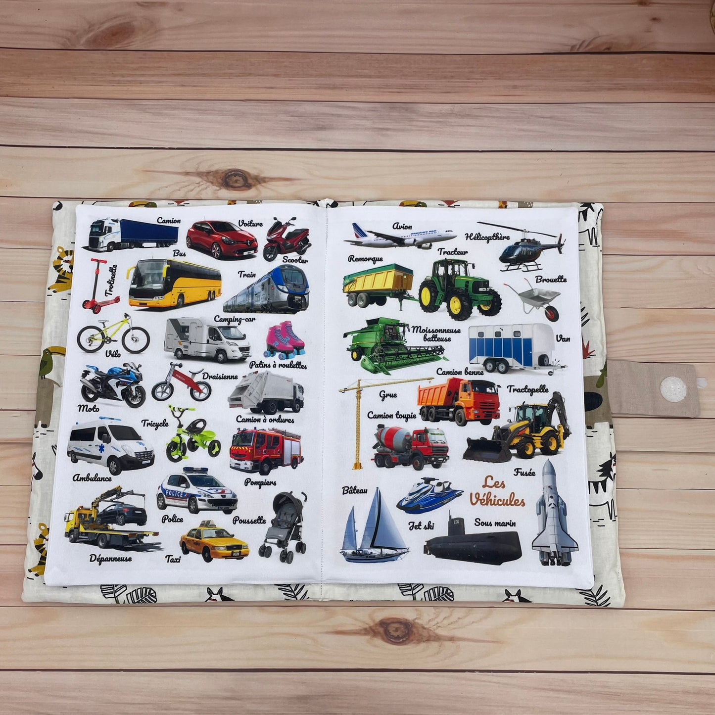 Grand Livre imagier tissu A4 - thèmes animaux, repas, transports, couleurs - Edition prestige