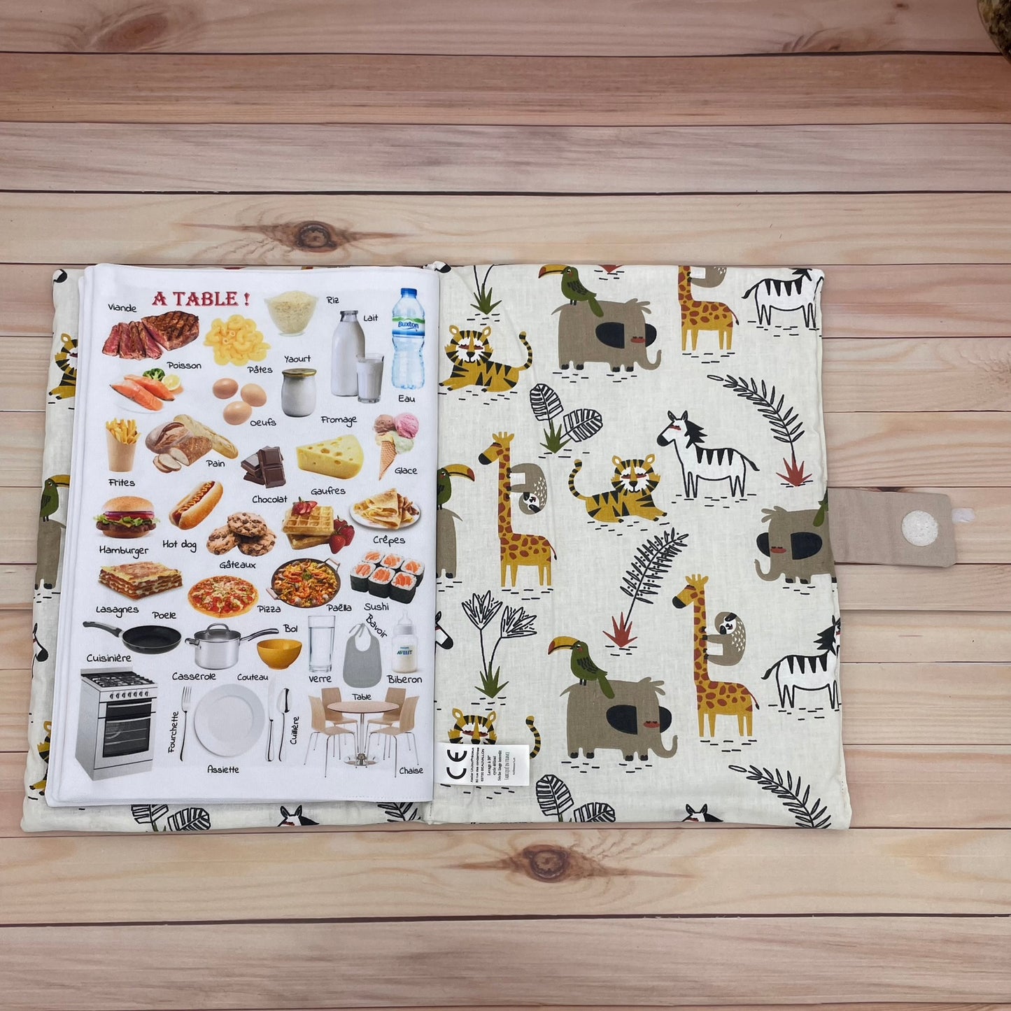 Grand Livre imagier tissu A4 - thèmes animaux, repas, transports, couleurs - Edition prestige