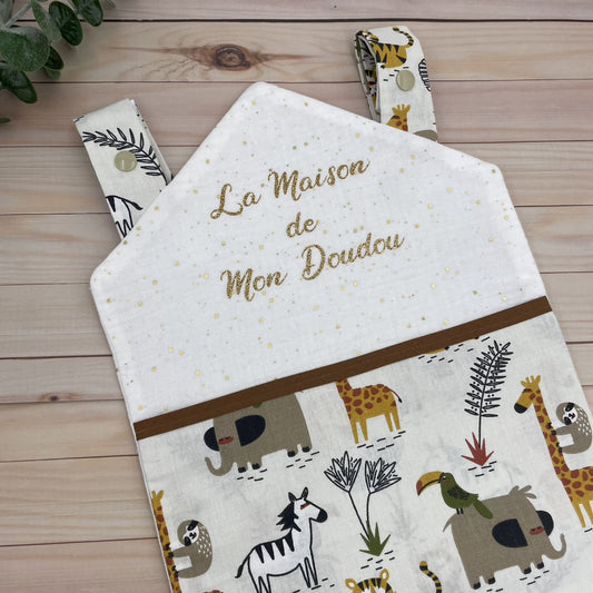 Maison à Doudou tissu Animaux de la savane, Pochette rangement doudou tétine