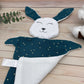 Doudou Lapin double gaze bleu pétrole points dorés