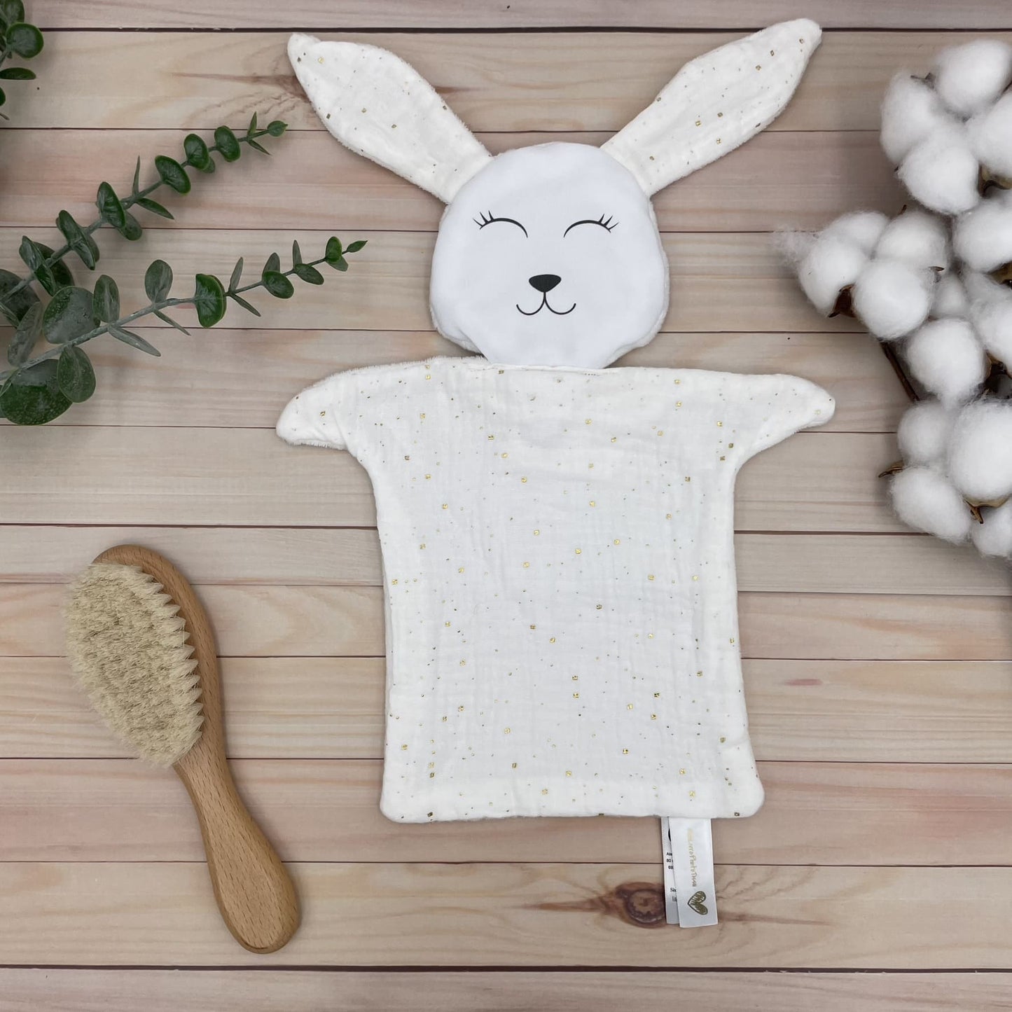 Doudou Lapin double gaze blanche et points dorés
