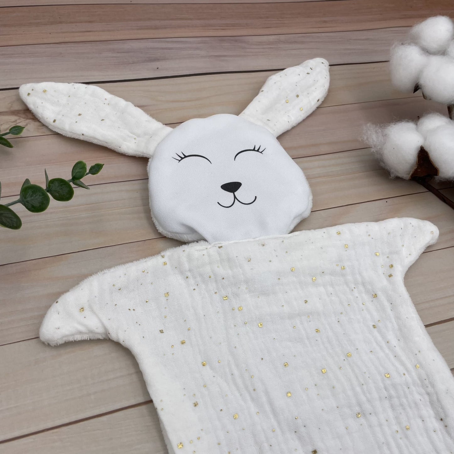Doudou Lapin double gaze blanche et points dorés
