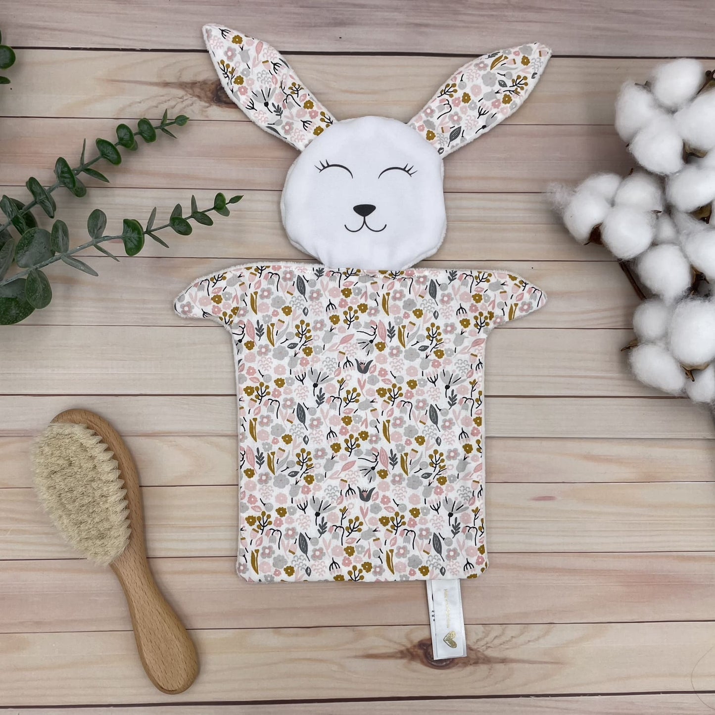 Doudou Lapin tissu Fleurs Rose, gris et or