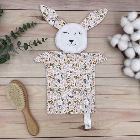 Doudou Lapin tissu Fleurs Rose, gris et or