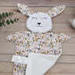Doudou Lapin tissu Fleurs Rose, gris et or