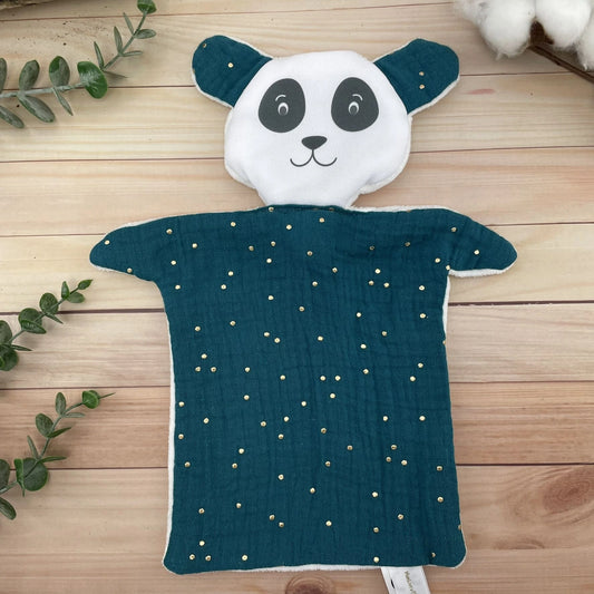 Doudou Panda double gaze bleu pétrole points dorés