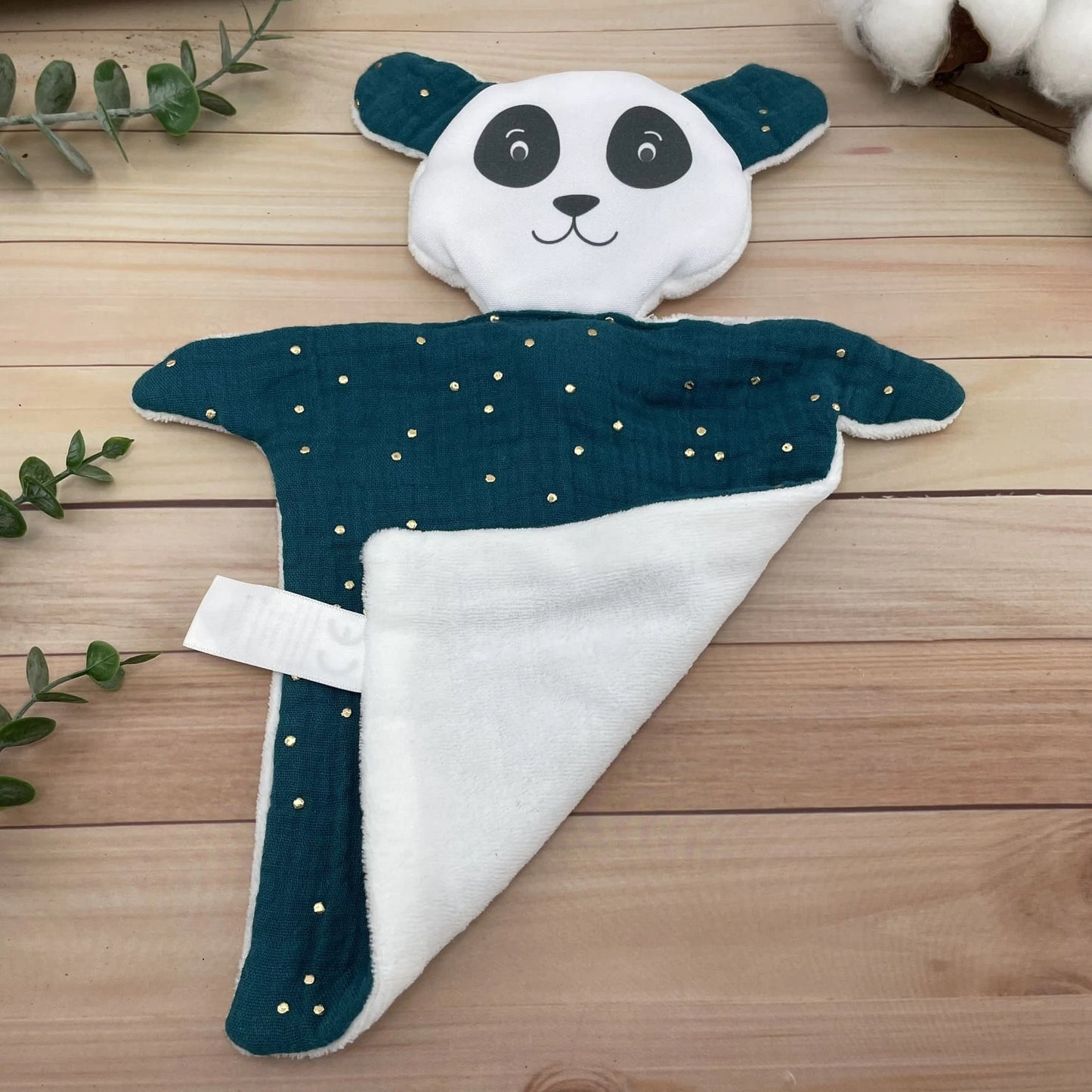 Doudou Panda double gaze bleu pétrole points dorés