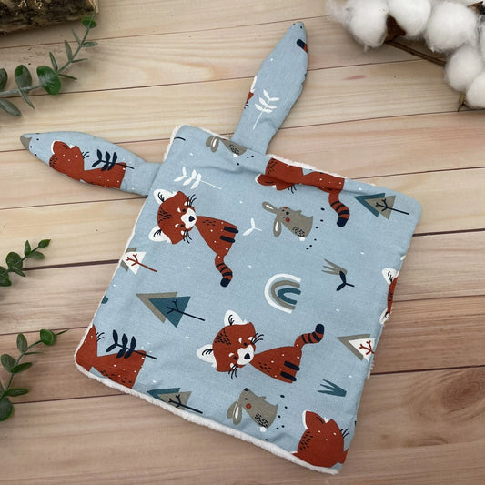 Doudou Plat avec oreilles tissu Renard et Lapin bleu ciel