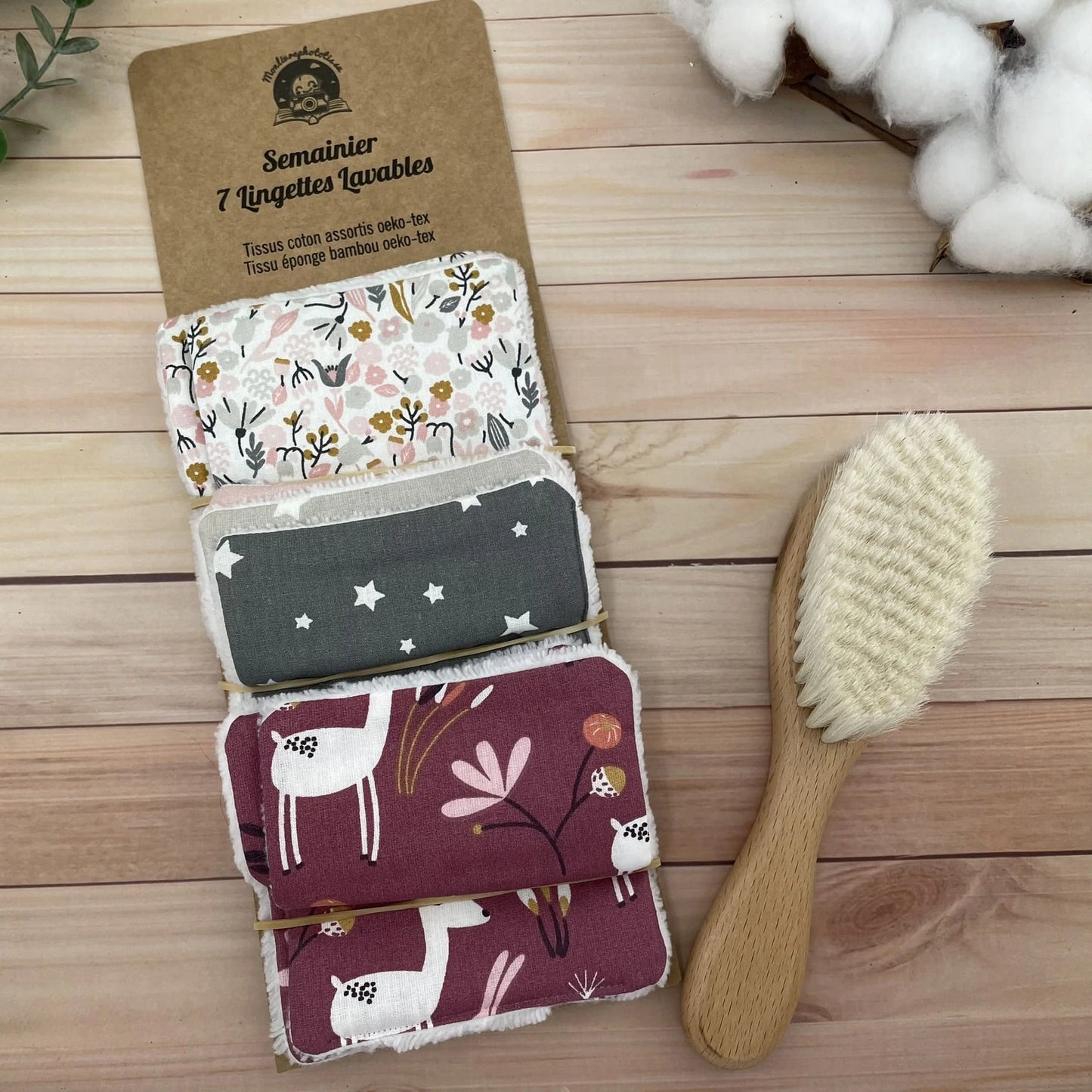 7 Lingettes Lavables Fleurs et Faon en coton et éponge bambou oeko-tex, débarbouillettes bébé enfant