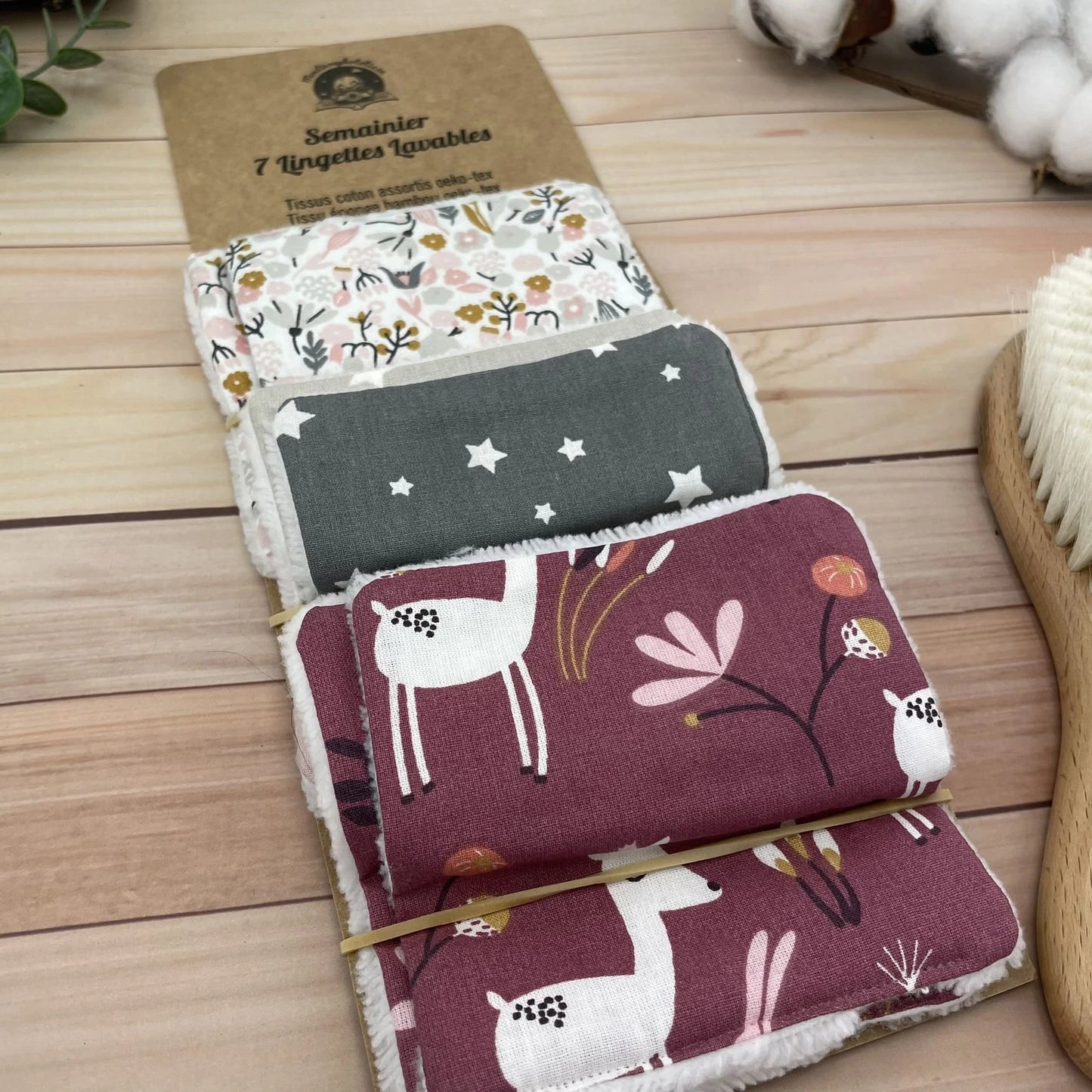 7 Lingettes Lavables Fleurs et Faon en coton et éponge bambou oeko-tex, débarbouillettes bébé enfant