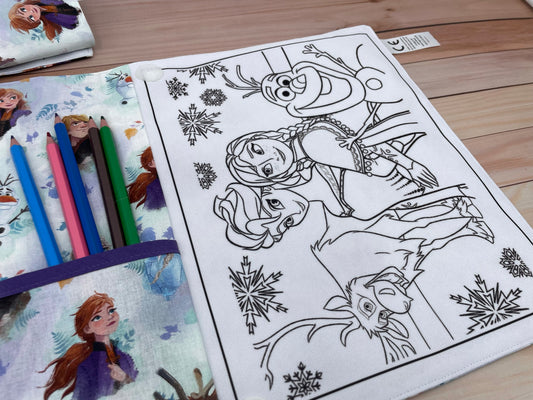 Pochette coloriage et dessin 2 en 1, 100% tissu, lavable et réutilisable thème Reine des neiges