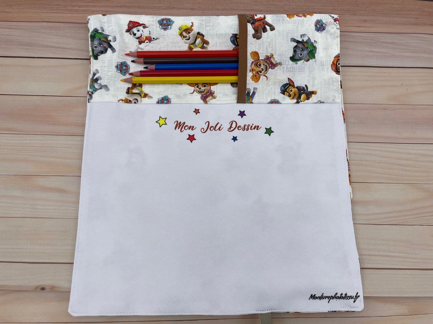Pochette coloriage et dessin 2 en 1, 100% tissu, lavable et réutilisable thème Pat Patrouille
