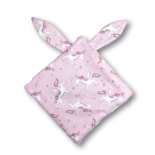 Doudou Plat avec oreilles tissu Licornes Rose