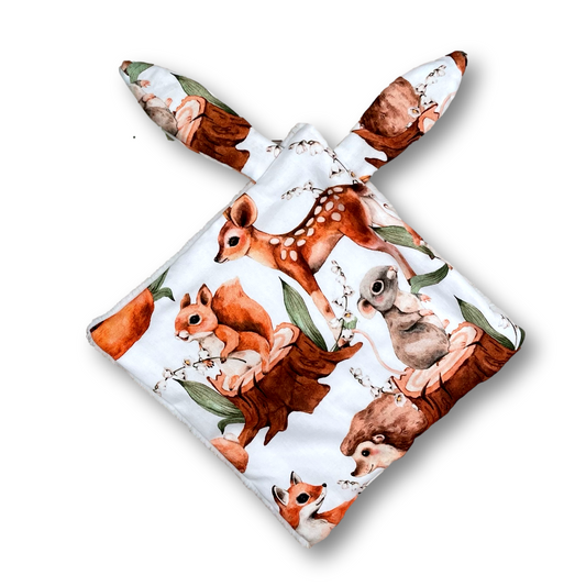Doudou Plat avec oreilles tissu forest, écureuil, faon
