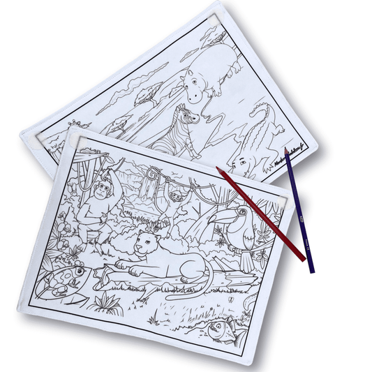 Coloriage recto-verso thème Animaux de la Jungle, 100% tissu lavable et réutilisable