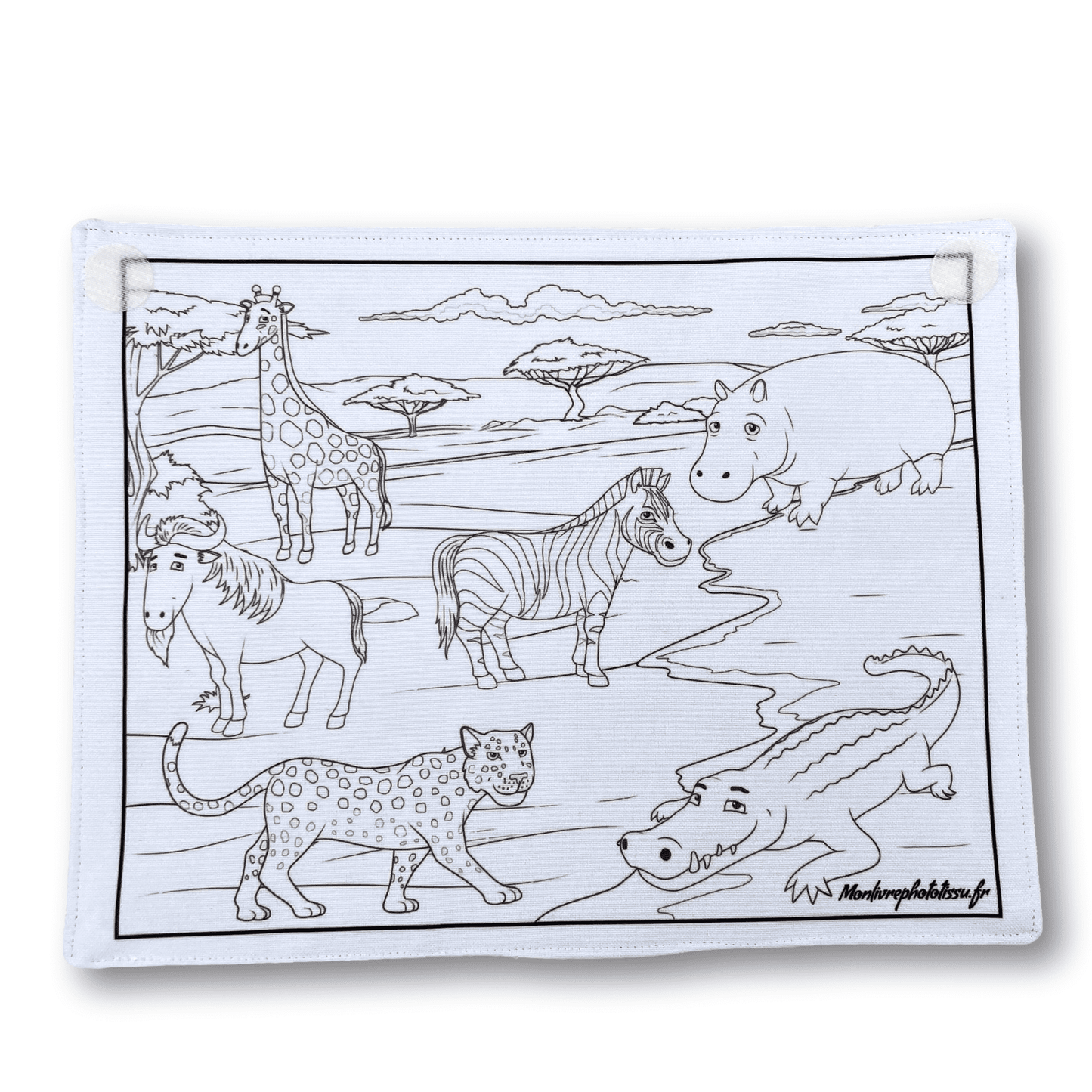 Coloriage recto-verso thème Animaux de la Jungle, 100% tissu lavable et réutilisable