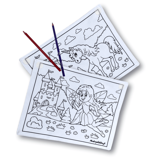 Coloriage recto-verso thème Féérique, princesse, licornes, 100% tissu lavable et réutilisable