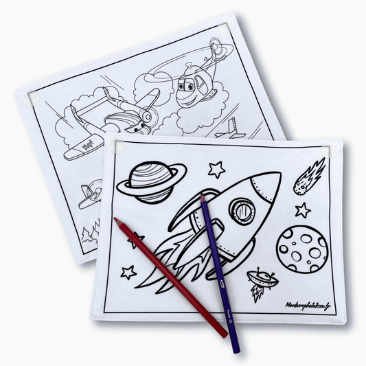 Coloriage recto-verso thème Avion et Fusée, 100% tissu lavable et réutilisable