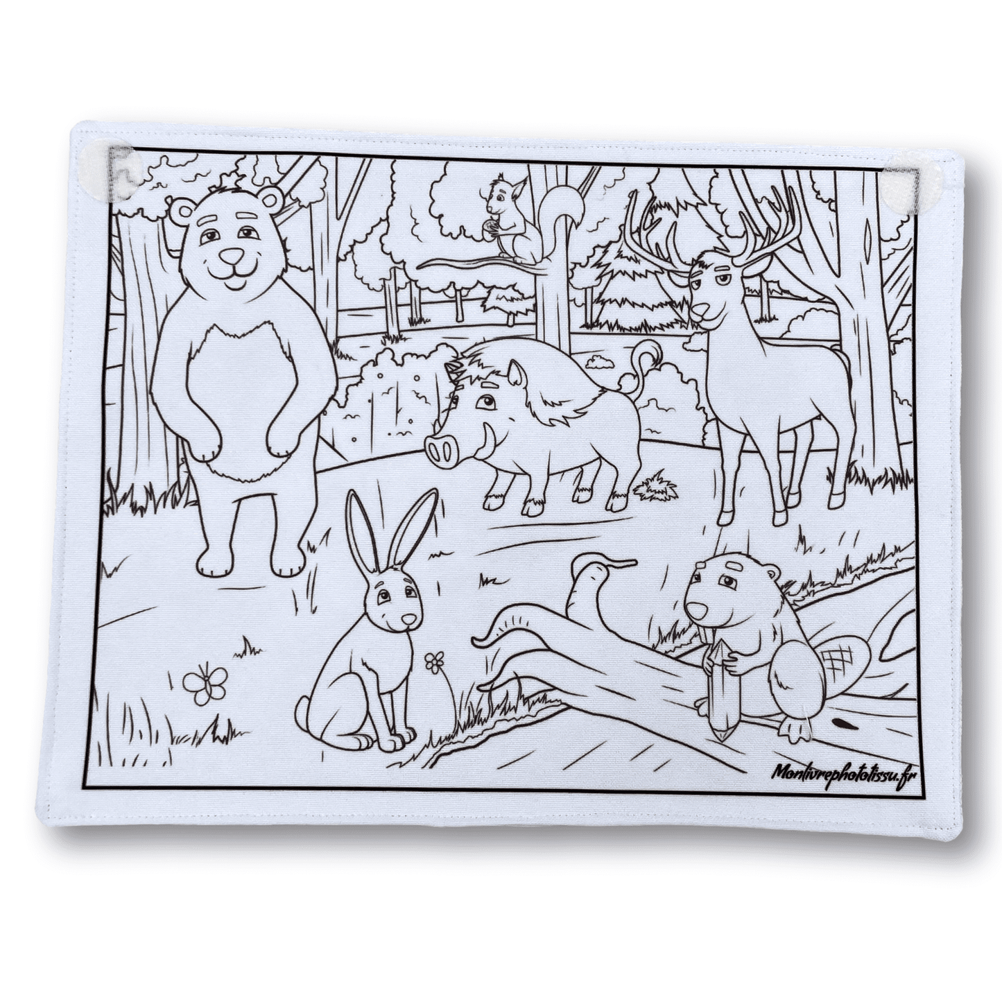 Coloriage recto-verso thème Animaux de la Forêt, 100% tissu lavable et réutilisable