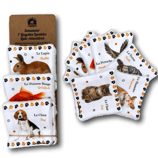 Semainier 7 Lingettes Lavables Ludo-éducatives Animaux Domestiques, soin et apprentissage bébé enfant