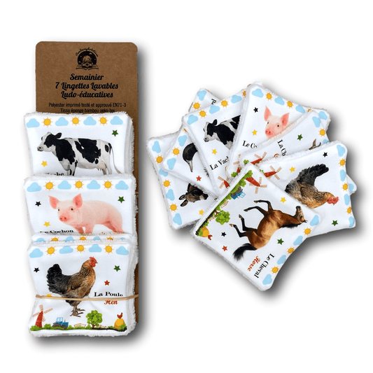 Semainier 7 Lingettes Lavables Ludo-éducatives Animaux de la Ferme, soin et apprentissage bébé enfant