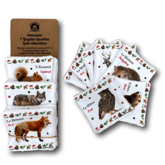 Semainier 7 Lingettes Lavables Ludo-éducatives Animaux Forêt, soin et apprentissage bébé enfant