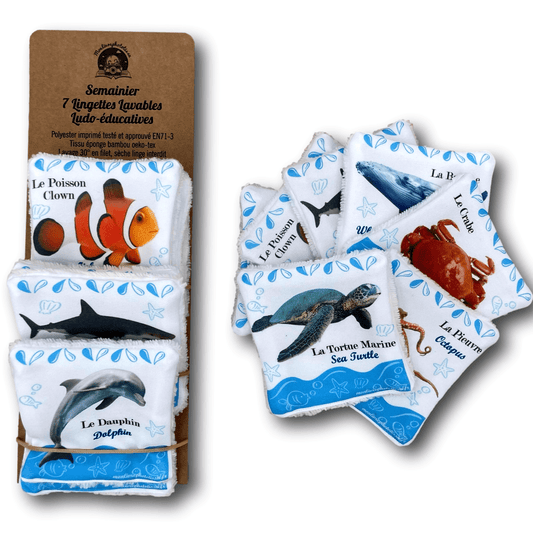 Semainier 7 Lingettes Lavables Ludo-éducatives Animaux Marins, soin et apprentissage bébé enfant