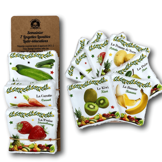 Semainier 7 Lingettes Lavables Ludo-éducatives Fruits et Légumes, soin et apprentissage bébé enfant