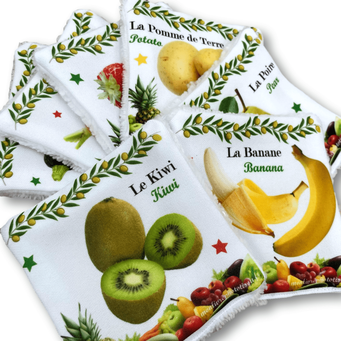 Semainier 7 Lingettes Lavables Ludo-éducatives Fruits et Légumes, soin et apprentissage bébé enfant