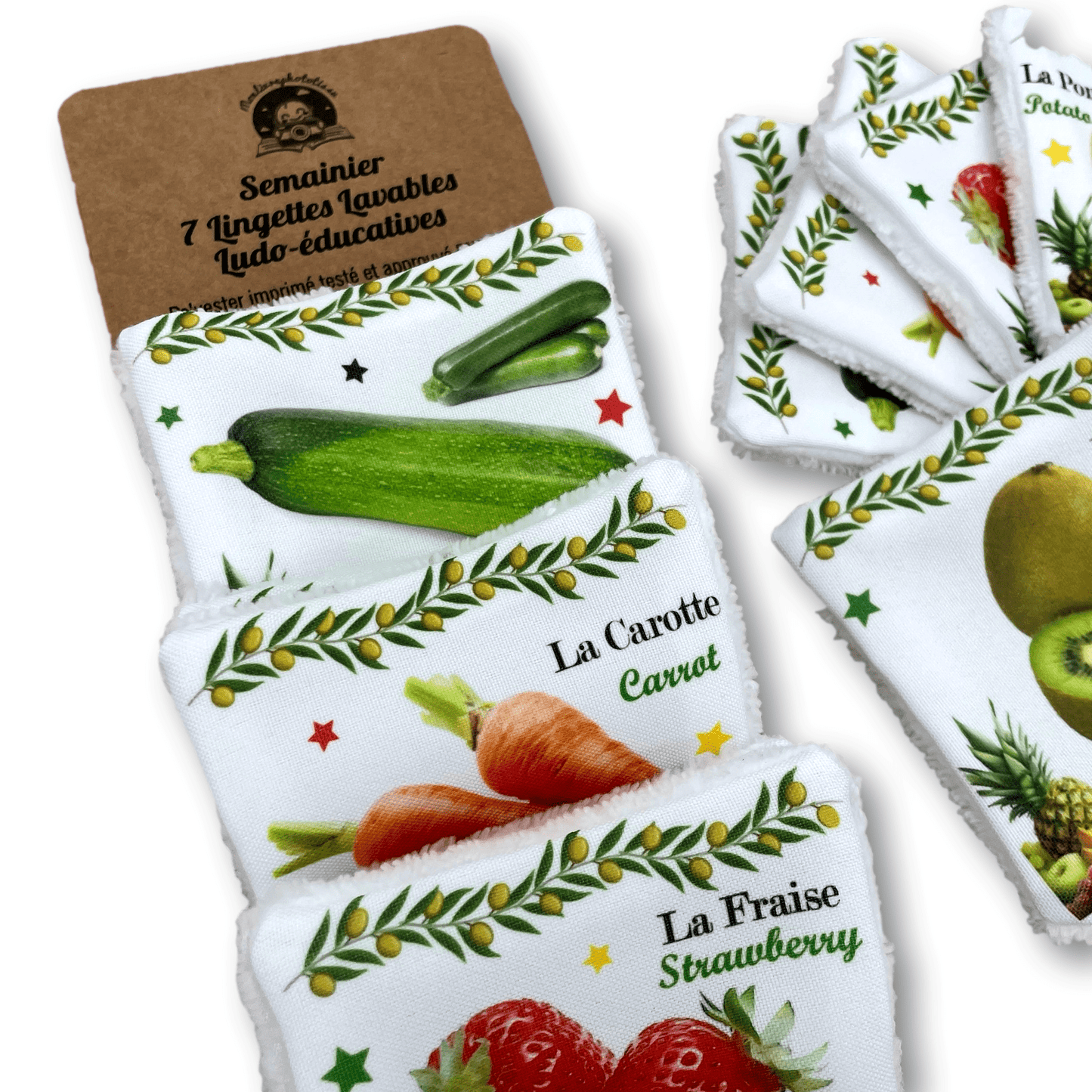 Semainier 7 Lingettes Lavables Ludo-éducatives Fruits et Légumes, soin et apprentissage bébé enfant