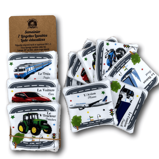 Semainier 7 Lingettes Lavables Ludo-éducatives Véhicules, soin et apprentissage bébé enfant