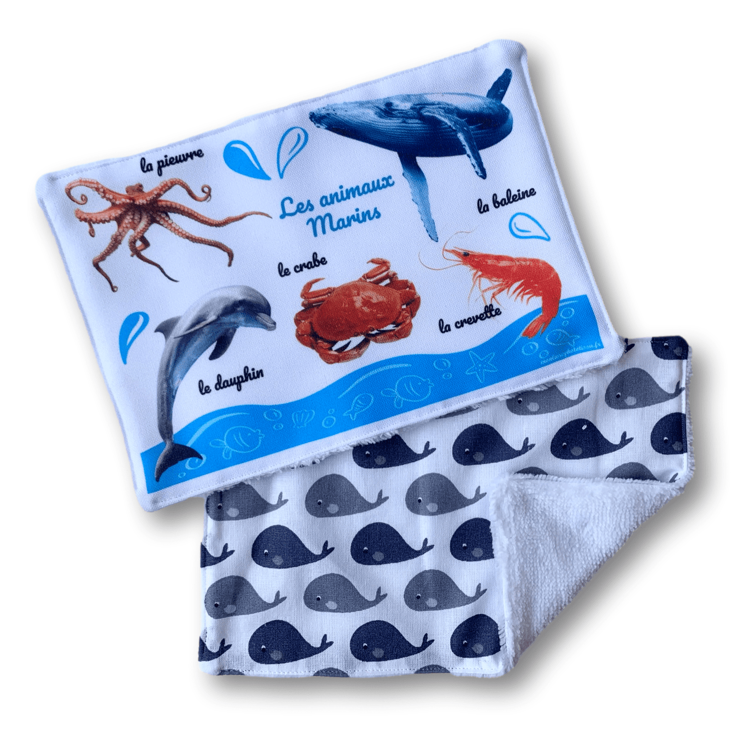 Lot de 2 Maxi Lingettes lavables ludo-éducatives Animaux Marins