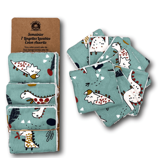 7 Lingettes Lavables coton et éponge bambou oeko-tex, débarbouillettes bébé enfant Dinosaures
