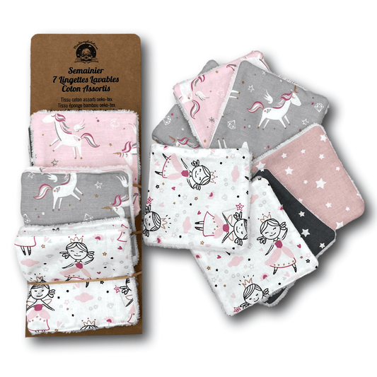 7 Lingettes Lavables Princesse, Licornes en coton et éponge bambou oeko-tex, débarbouillettes bébé enfant