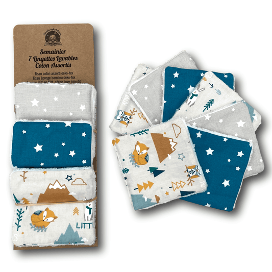 7 Lingettes Lavables Renard Aventures en coton et éponge bambou oeko-tex, débarbouillettes bébé enfant