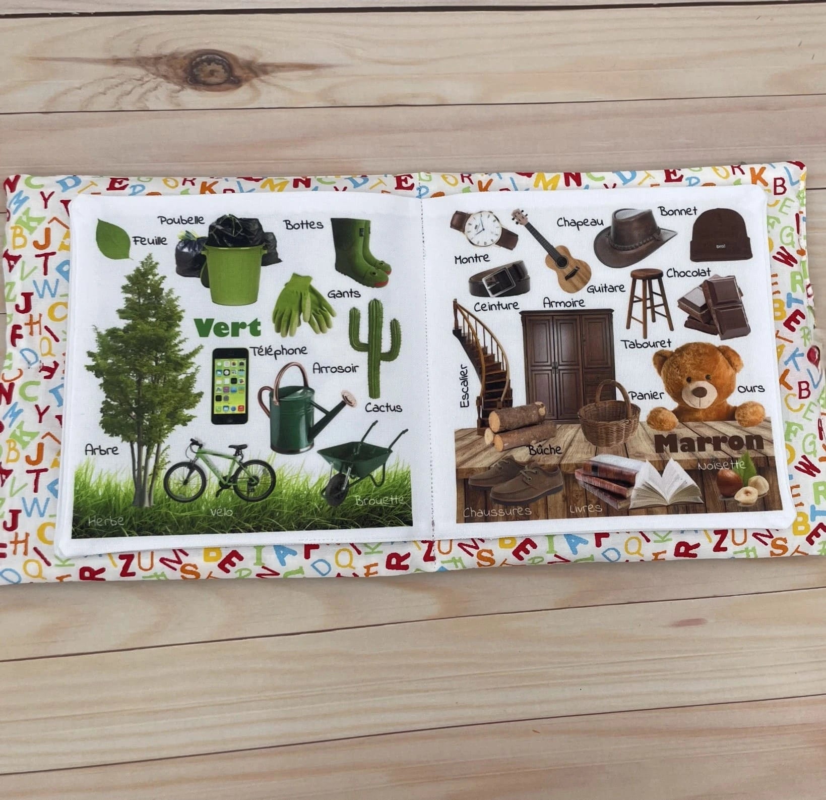 livre d'éveil imagier bébé apprentissage couleurs vert marron et mots