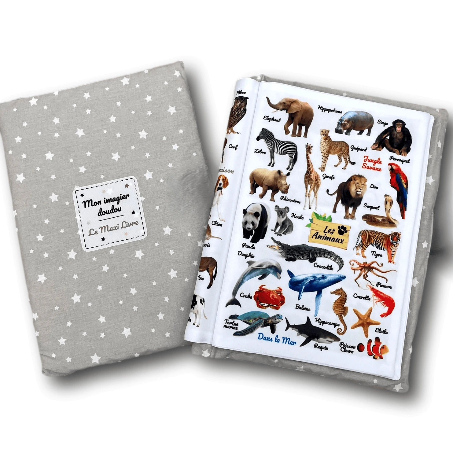 Livre éveil imagier tissu bébé - thèmes animaux, repas, transports, couleurs